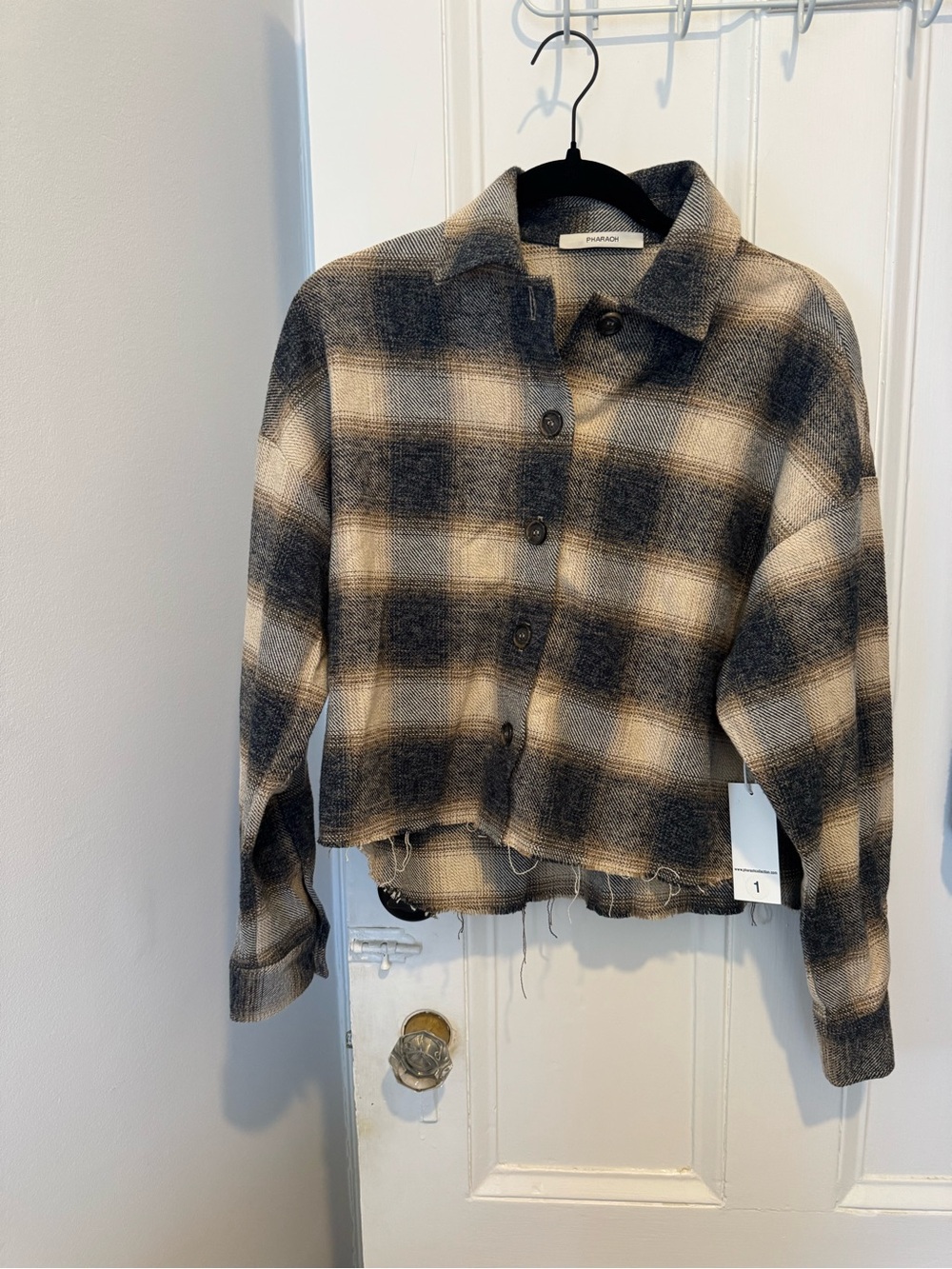 NWT Pharaoh Collection Black & Cream Cropped Plaid Utility Shacket Size S